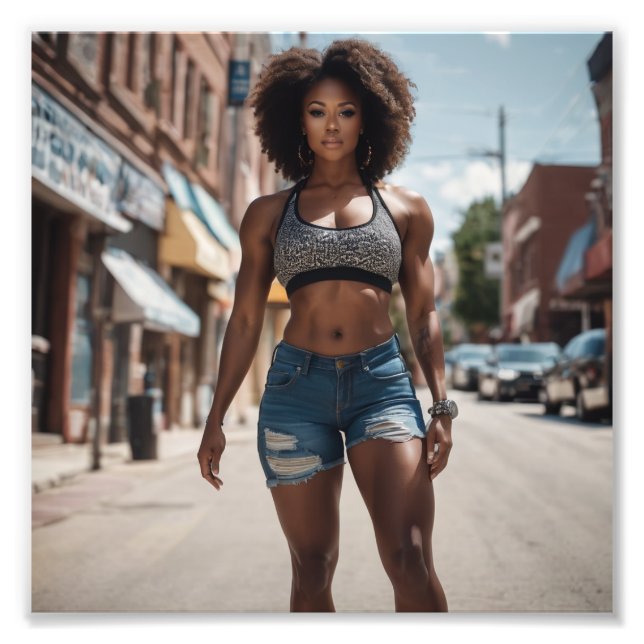 Female Bodybuilding der Afro Girl Denim Kort Stree Fototryck (Framsidan)