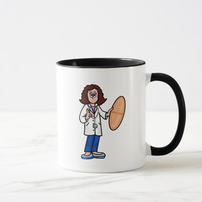 Female Brunette Doktor med Giant Pill Mugg (Höger)