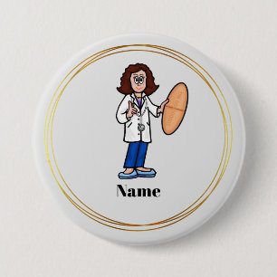 Female Doktor med Big Pill Namn-knapp Knapp