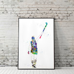 Female Field Hockey Player Poster<br><div class="desc">Watercolor-style artwork of a female field hockey player raising her stick in a triumphant gesture. The vibrant mix of colors and fluid brushwork captures motion and strength, representing energy and confidence in women’s sports.</div>
