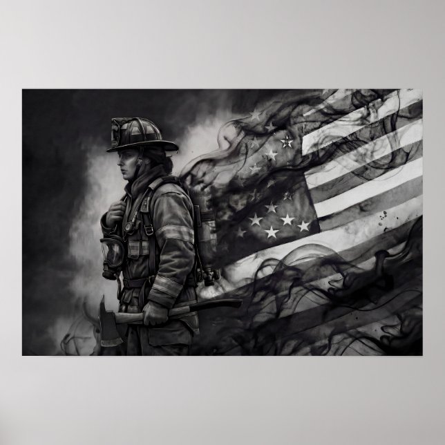 Female Firefighter Smoke American Flag Tribute Poster (Framsidan)