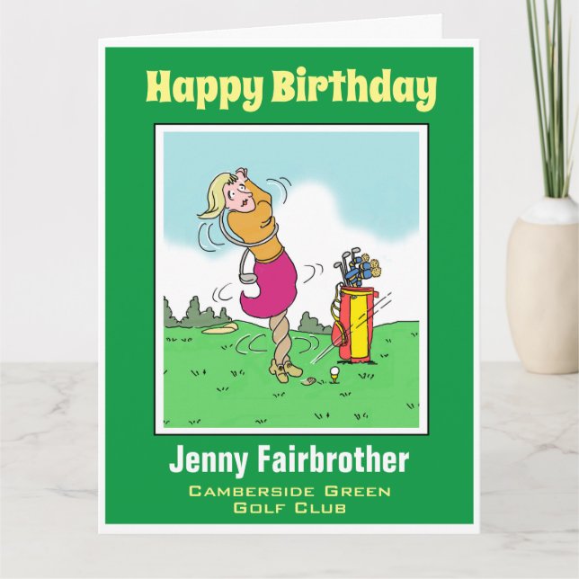 Female Golfer Gets i en Twist. Funny Golf-Tecknad Kort (Framsida)