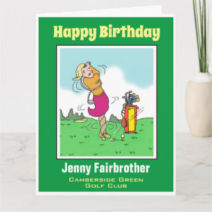 Female Golfer Gets i en Twist. Funny Golf-Tecknad Kort