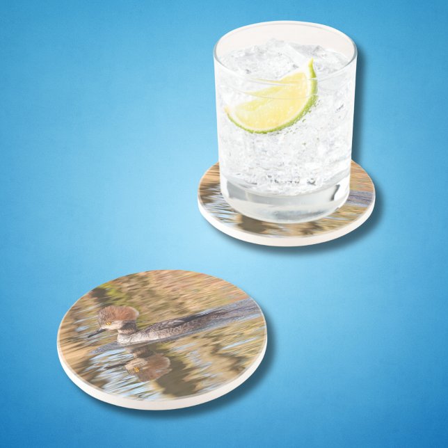 Female Merganser Anka Simma efter i Lugn Vatten Underlägg (Nature loving dads will love this duck coaster for their cold drink on hot summer days!)