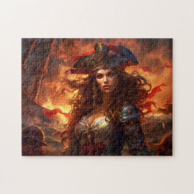 Female Pirate Before Burning Ship Fantasy Painting Pussel (Horisontell)