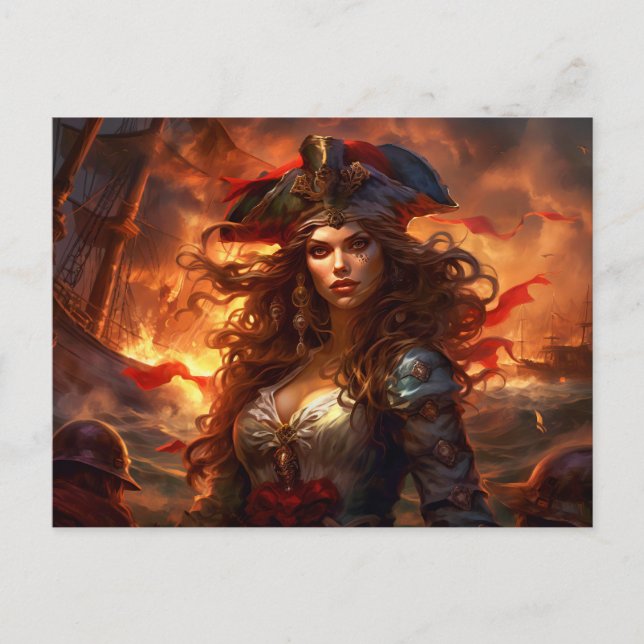 Female Pirate Before Burning Ship Fantasy Painting Vykort (Framsida)