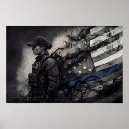 Female Police Tribute Blue Line American Flag LEO Poster