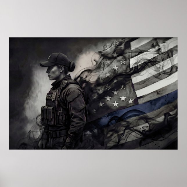 Female Police Tribute Blue Line American Flag LEO Poster (Framsidan)