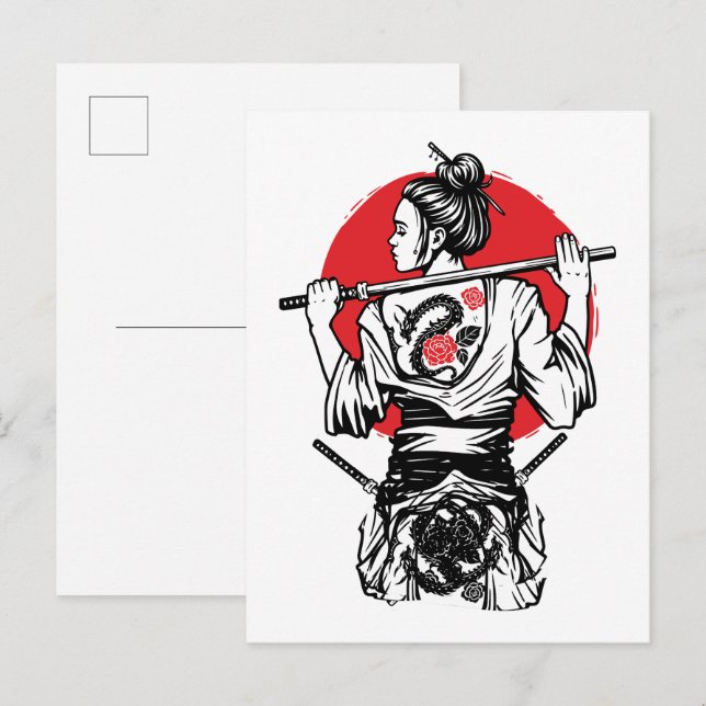 Female Samurai Dragon Rose – Japanese Warrior  Vykort (Fram/baksida)
