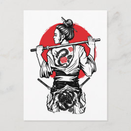 Female Samurai Dragon Rose – Japanese Warrior  Vykort