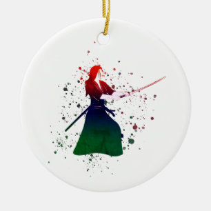 Female Samurai Warrior med Sword Julgransprydnad Keramik