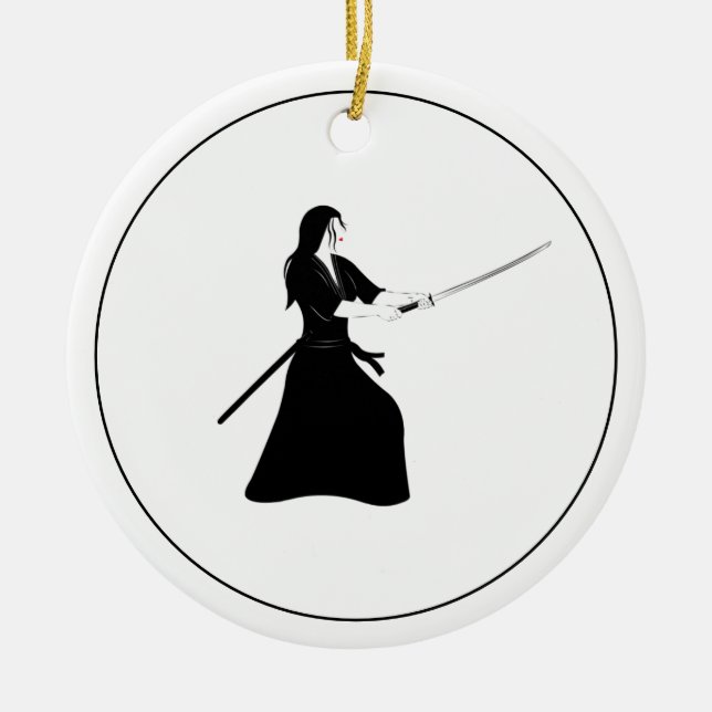 Female Samurai Warrior med Sword Julgransprydnad Keramik (Framsidan)