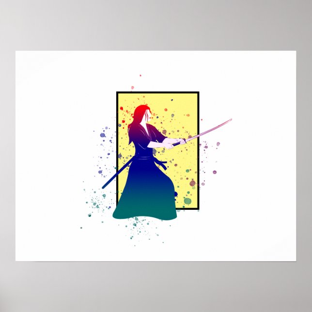Female Samurai Warrior med Sword Paint Stänk Poster (Framsidan)