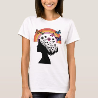 Female Silhouette Floral Rainbow Illustration T Shirt