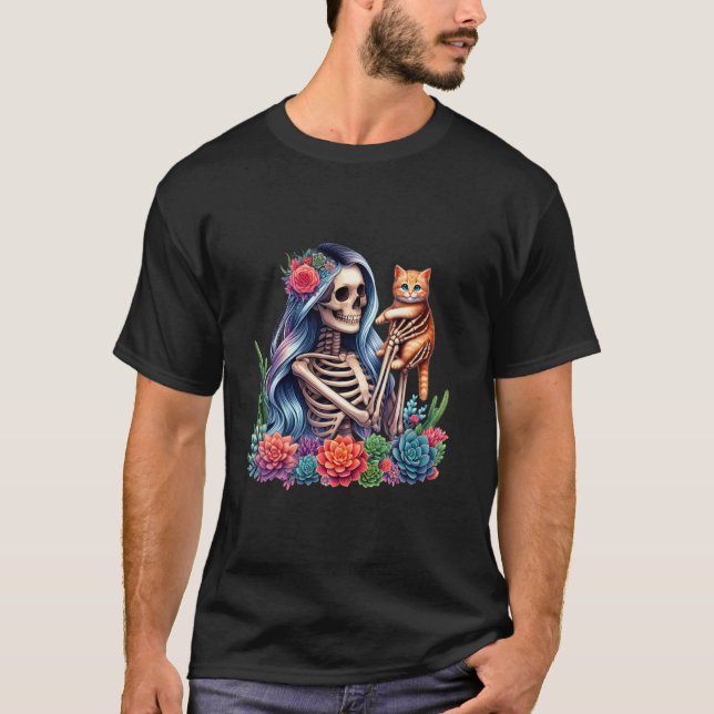Female Skeleton Kitten Cat Succulent Plant Älskare T Shirt (Framsida)