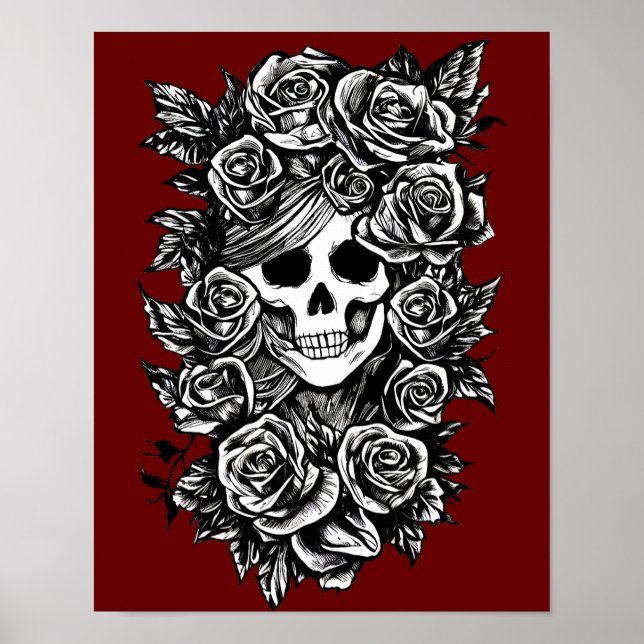 Female Skull Ro Goth Original bläck teckning Art Poster (Framsidan)