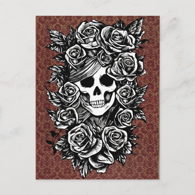 Female Skull Ro Goth Original bläck teckning Art Vykort (Framsida)
