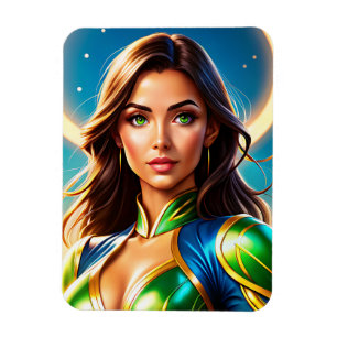 Female superhjälten porträtt i emerald and guld ar magnet