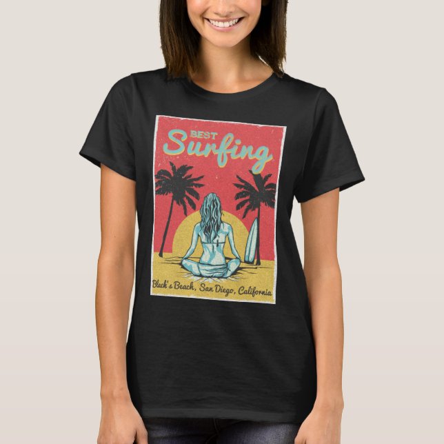 Female Surfer Black s Beach San Diego California T Shirt (Framsida)