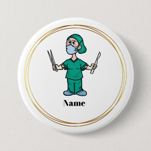 Female Surgeon med Verktyg Namn-knapp Knapp