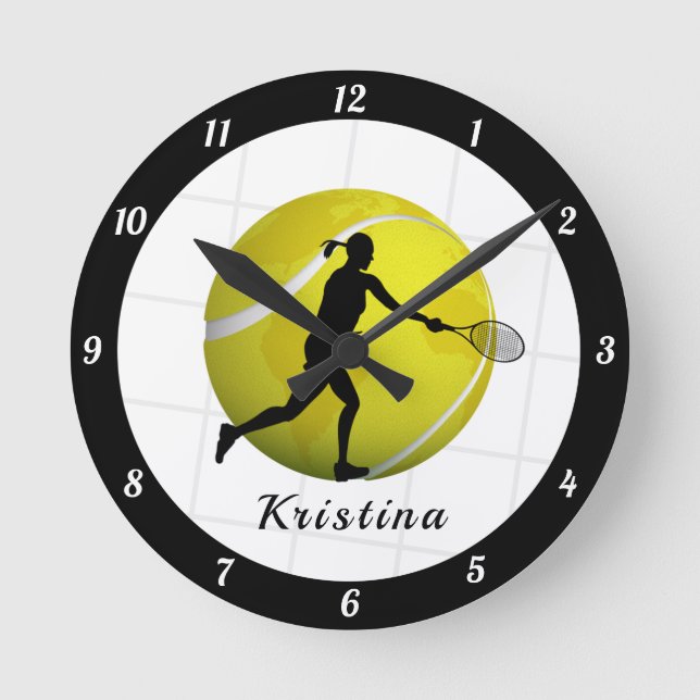 Female Tennis Player Silhouette Girls Namn Boll Rund Klocka (Framsida)