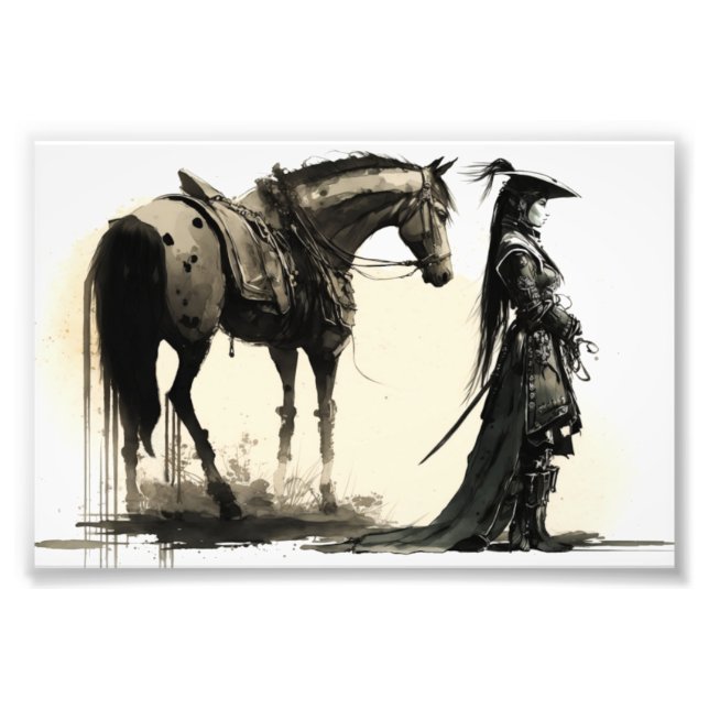 Female Warrior and Horse, Sketch Art, Bläck Art Fototryck (Framsidan)