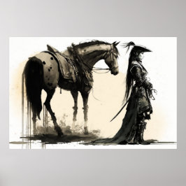 Female Warrior and Horse, Sketch Art, Bläck Art Poster