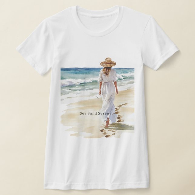 Female White Dress Beach Sea Sand Serenity T Shirt (Laydown)