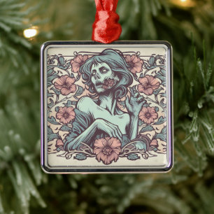 Female Zombie Art nouveau med Flowers Söt Julgransprydnad Metall