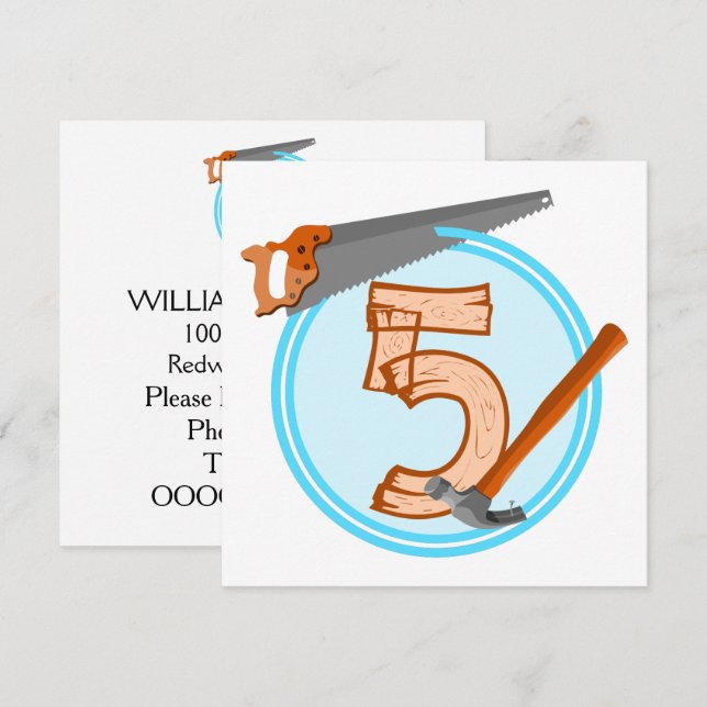 Femåriga pojken Birthday VERKTYG Inbjudningar (Fram/baksida)