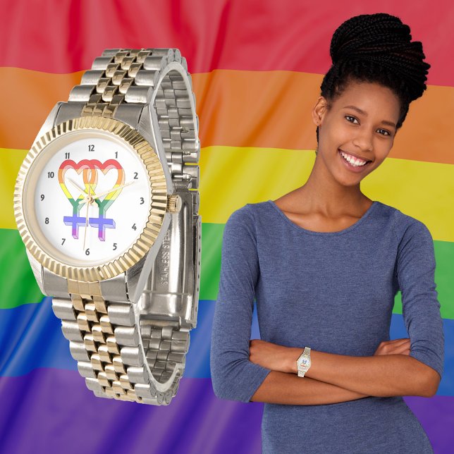 Femdubbla Pridet Symboler Regnbåge Flagga Armbandsur (Female Couple Pride Symbols Rainbow Flag Watch)