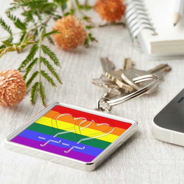 Femdubbla Pridet Symboler Regnbåge Flagga Fyrkantig Silverfärgad Nyckelring (Sidan)