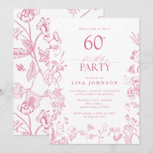 Feminin 60:e Födelsedagsfestens Rosa Viktoriansk B Inbjudningar (Fram/baksida)