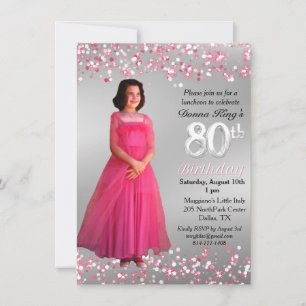 Feminin 80:e födelsedag Rosa Sparkly 2 Foto Inbjudningar
