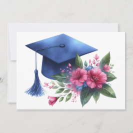 Feminin blå Studentmössa och Rosa Flowers Tack Kort