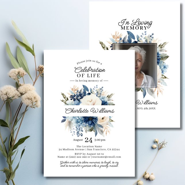 Feminin Blåa blommor Firande i Life | FOTO Inbjudningar (Feminine Blue Flowers Celebration of Life  PHOTO Invitation)