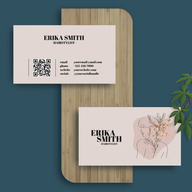 Feminin Blommigt Hairstylist Rosa Line Art QR-kod Visitkort (Skapare uppladdad)