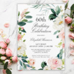 Feminin Blommigt i  Ro 60:e Födelsedagsfesten Inbjudningar<br><div class="desc">Ett underbart feminin 60:e födelsedagsfest inbjudan inramade i en andedräkt av rosa och vit vattenfärg ro och efterföljande grön. Kombinationerna färg är både feminina och glada att förbereda gästerna för ett lycklig firande. Anpassa till händelseinformationen genom att ersätta exempeltexten som visas i designmallen. Du kan använda den här inbjudan för...</div>