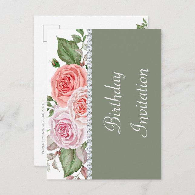 Feminin Blommigt och Diamond 30års födelsedag Inbjudan Vykort (Fram/baksida)