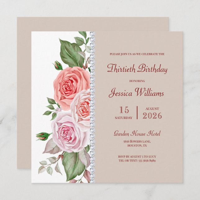 Feminin Blommigt och Diamond 30års födelsedag Inbjudningar (Fram/baksida)