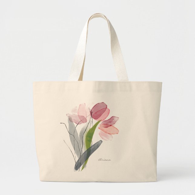 Feminin Blommigt Tulips Grönt Löv Large Tote Bag Jumbo Tygkasse (Framsidan)