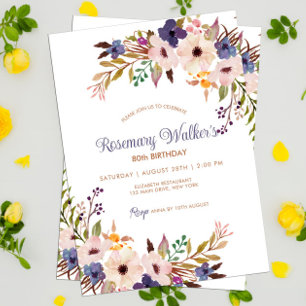 Feminin Blommigt Vuxen Feminin 80: e födelsedagen Inbjudningar