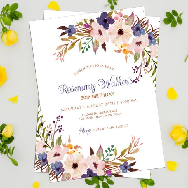 Feminin Blommigt Vuxen Feminin 80: e födelsedagen  Inbjudningar (Floral Adult Birthday Invitation Template 80th Birthday Boho Style)