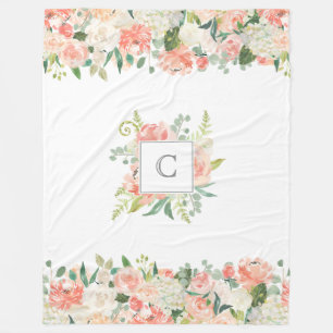 Feminin Blommönster med Monogram Fleecefilt