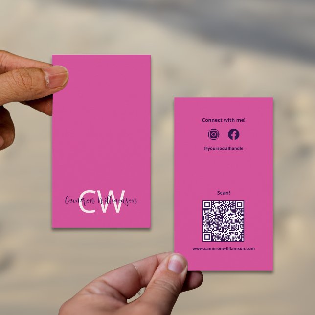 Feminin fast Rosa Monogram QR kod Social Visitkort (Feminine Solid Pink Monogram QR Code Social Business Card)