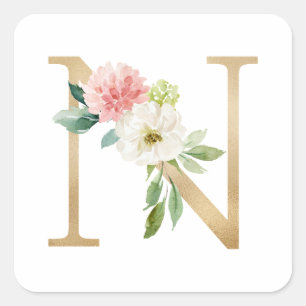 Feminin Faux guldfoil Blommigt Brev N Monogram Fyrkantigt Klistermärke
