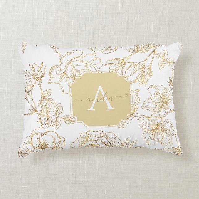 Feminin glam modern guld blommigt monogram namn  prydnadskudde (Framsidan)