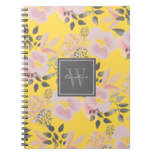 Feminin Gult Rosa Grått Blommigt med Monogram Anteckningsbok