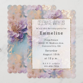 Feminin Lila Blue och Guld Blommigt Inbjudningar