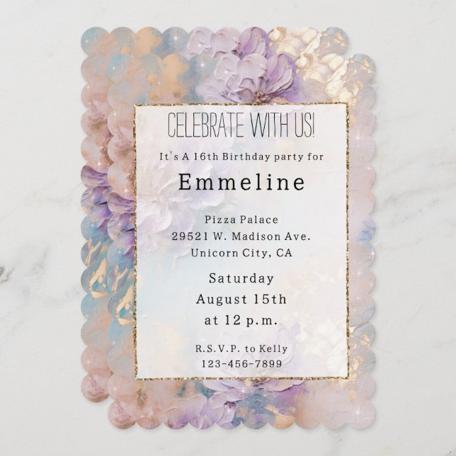 Feminin Lila Blue och Guld Blommigt Inbjudningar (Fram/baksida)